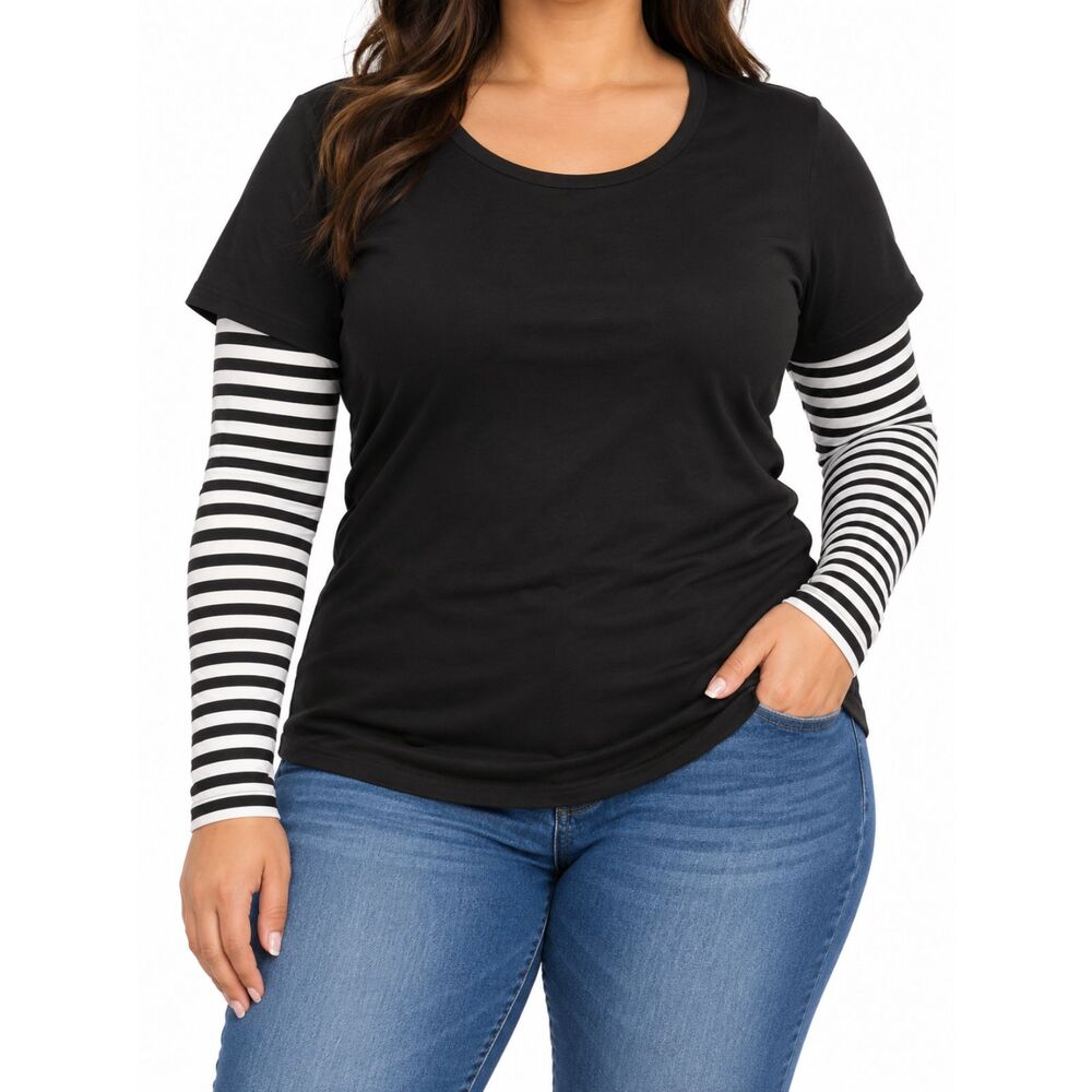 SHEIN Curve Women’s Black Striped Sleeve Layered Look Top | Size 1XL